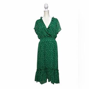 Ryan Michelle Green Polka Dot Ruffle Midi Dress Smocked Waist L